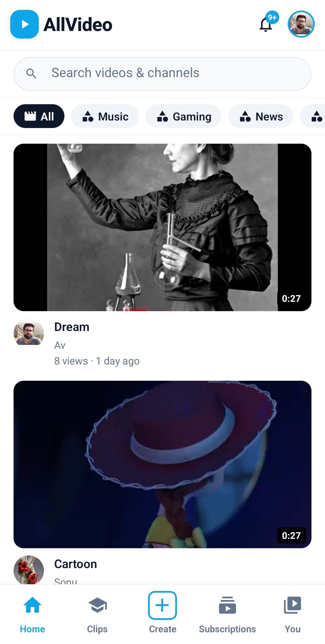 AllVideo video feed screen